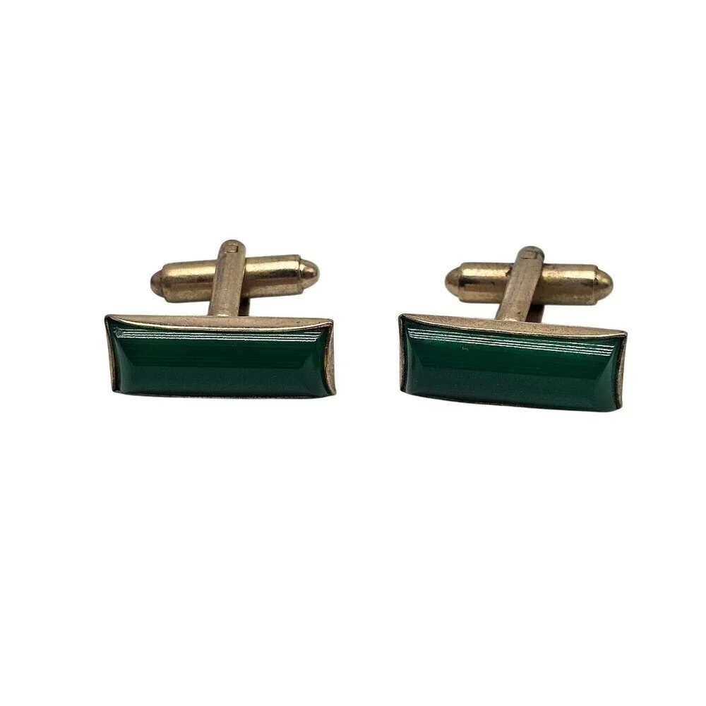 Vintage Gold Tone Mid Century Green Onyx Cufflinks